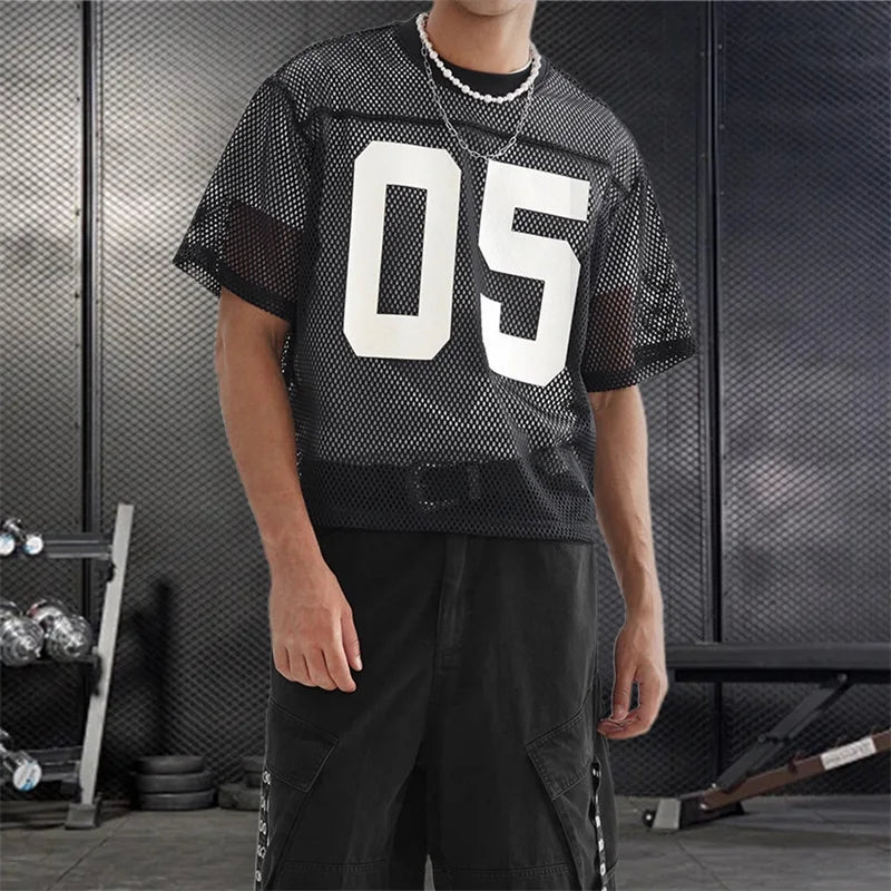 Men's Breathable Mesh Shirt with Bold Number Print Sheer Short Sleeves and Round Neckline for Casual Streetwear
