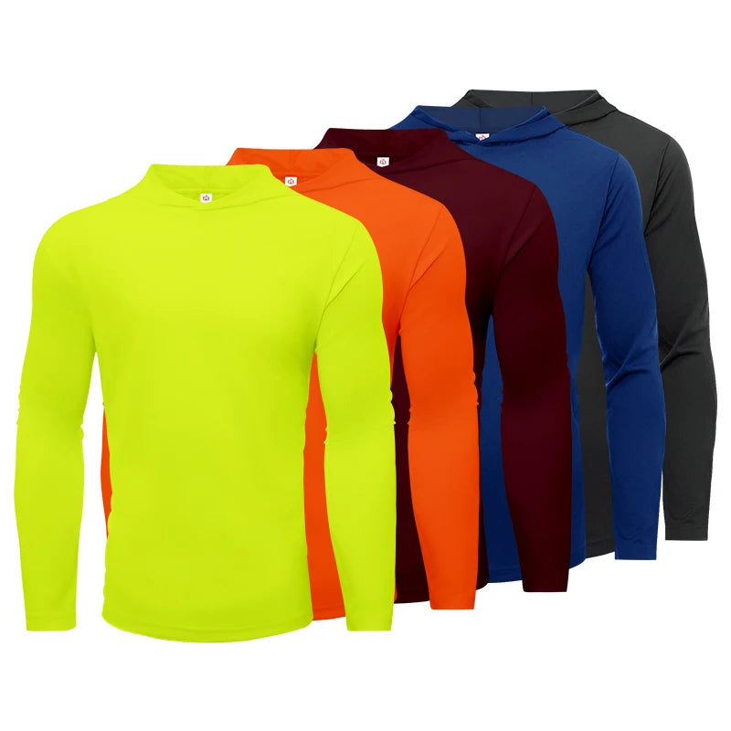 Men's Five Piece Sports Long Sleeved Hooded T-Shirt Breathable Solid Color Fitness Shirt for Running and Training