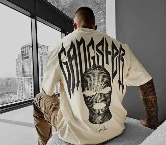 High Quality American High Street Masked Person Printed T-Shirt for Men Oversized Loose Harajuku Short Sleeve Tops