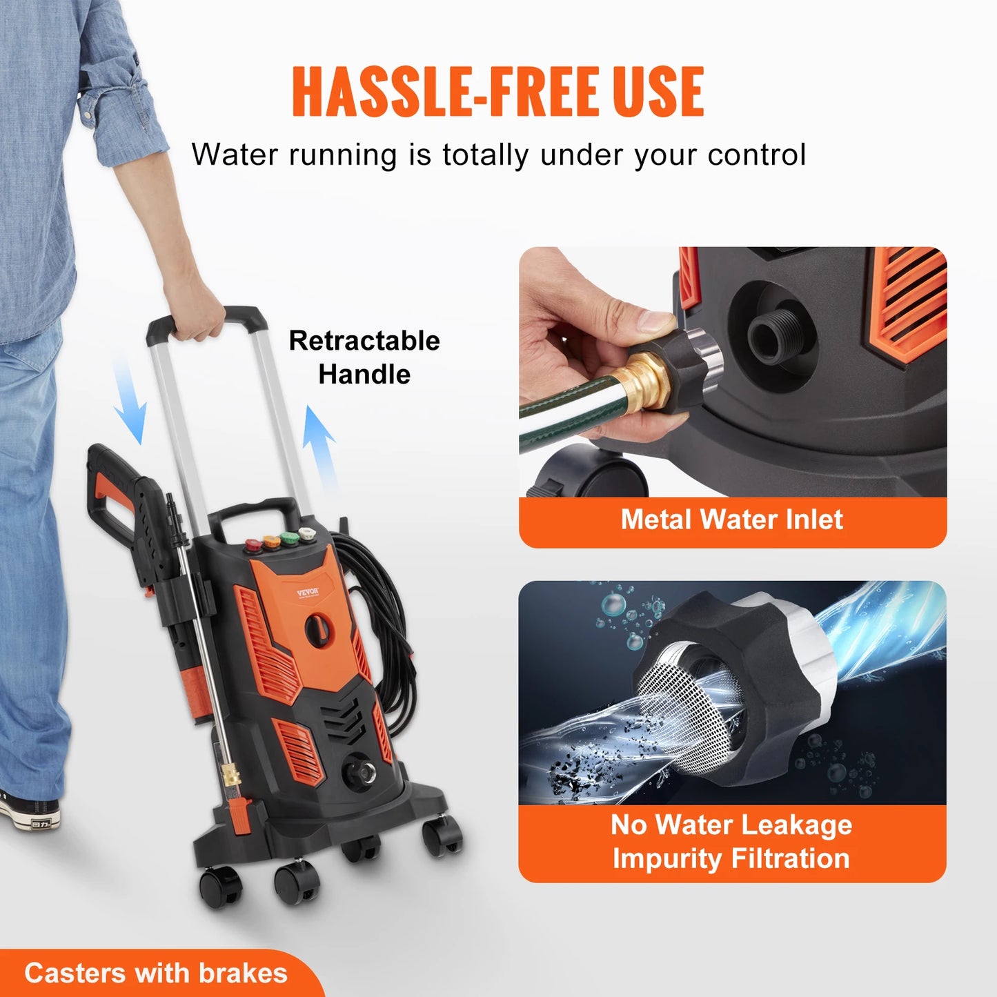 VEVOR Electric Pressure Washer Power Washer with Quick Connect Nozzles Foam Cannon and Retractable Handle for Portable Patio Cleaning