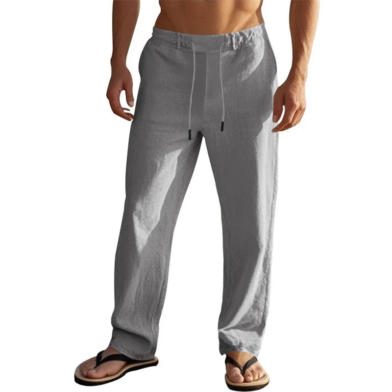 Men's Lightweight Drawstring Linen Pants with Pockets Comfortable Straight Leg Casual Trousers for Summer Beach Wear