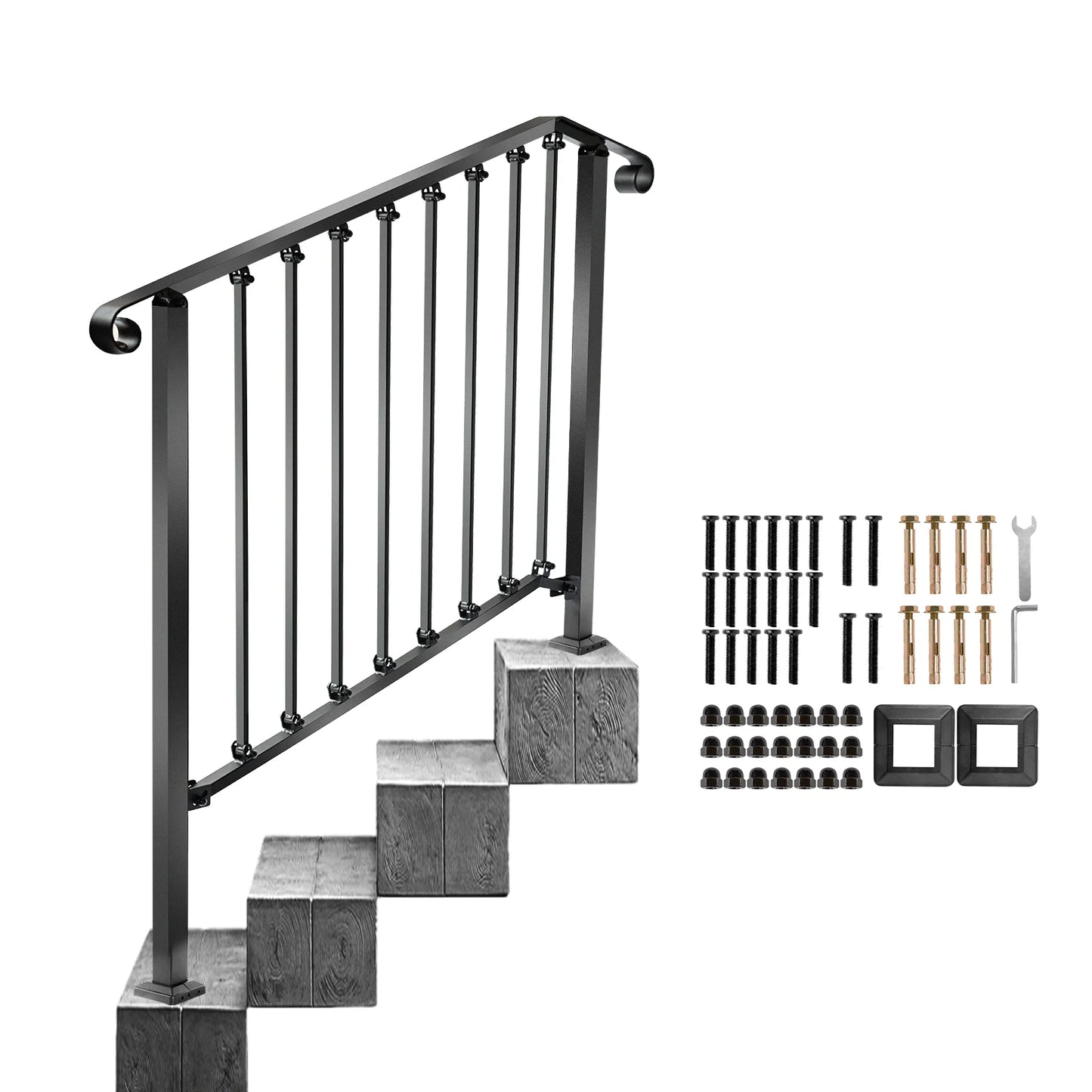 Redlife Handrails for Outdoor Steps Fit 2 to 4 Steps Wrought Iron Stair Railing for Concrete and Wooden Stairs