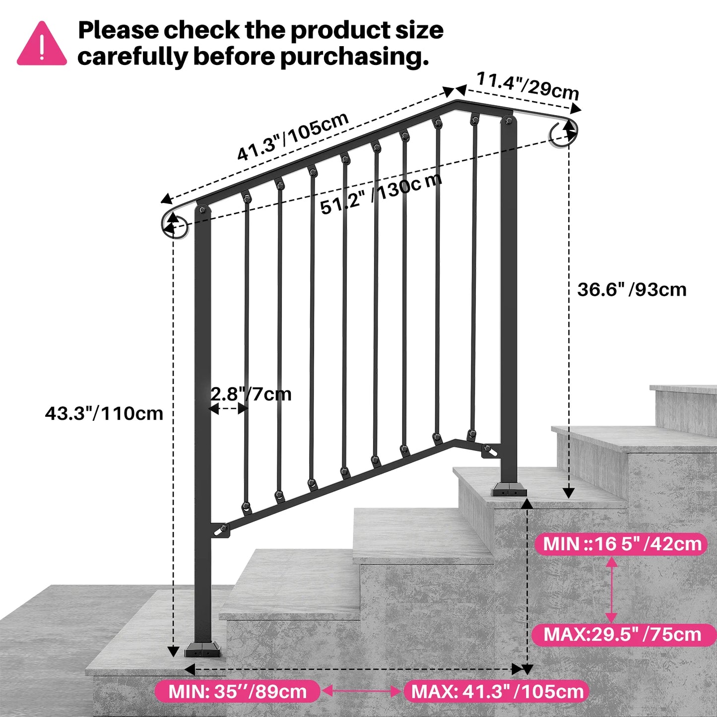 Redlife Handrails for Outdoor Steps Fit 2 to 4 Steps Wrought Iron Stair Railing for Concrete and Wooden Stairs