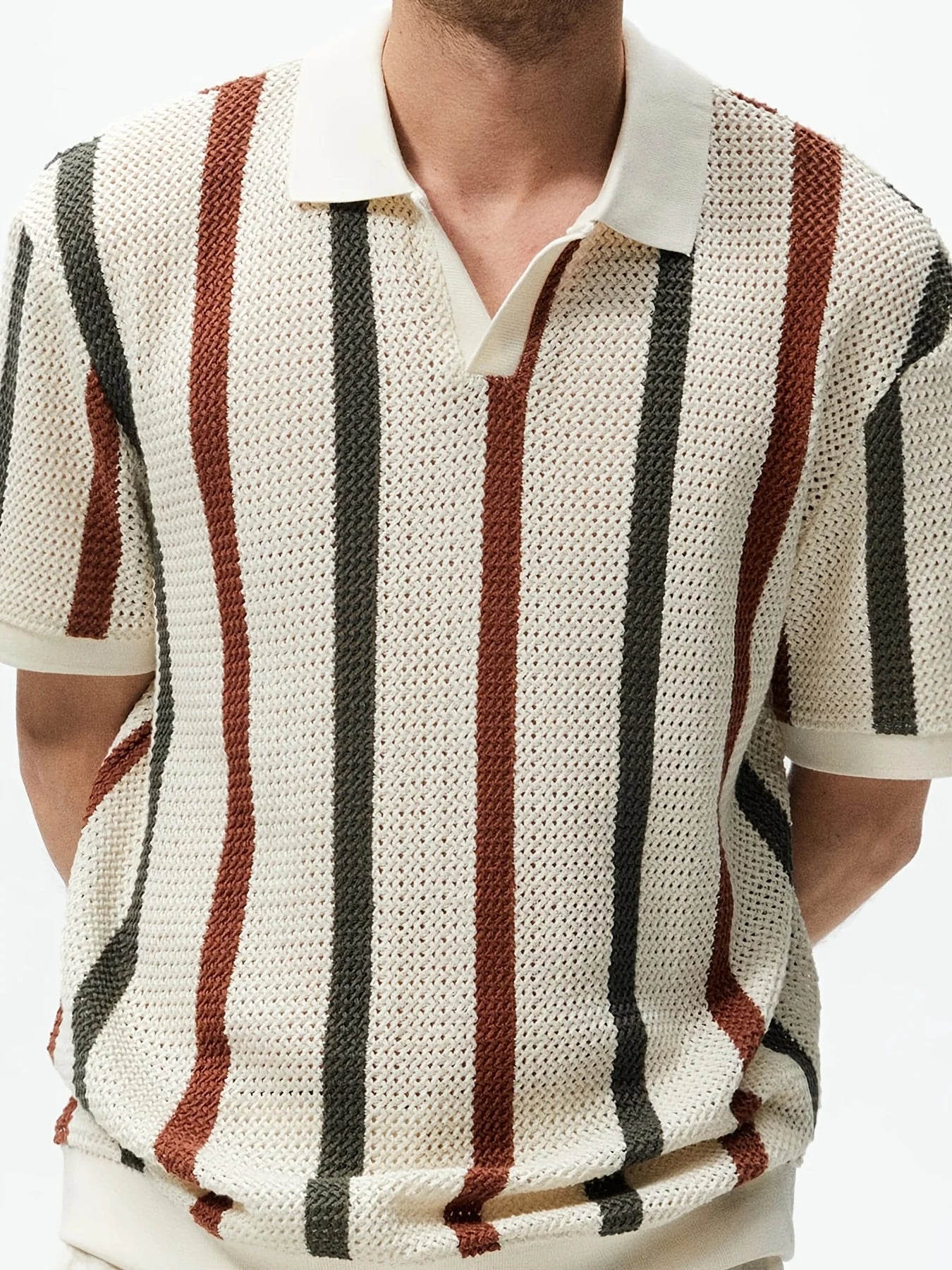 Men's Summer Chunky Knit Short Sleeve Polo Shirt With Stripes And Contrast Colors Casual Wear For Daily Outings