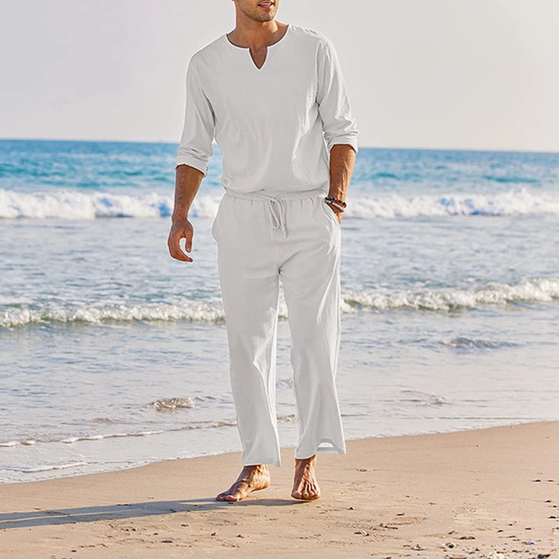 Men's Summer Cotton Linen Solid Color Long Sleeve Henley Shirt and Elastic Waist Drawstring Pants Two Piece Loungewear Set