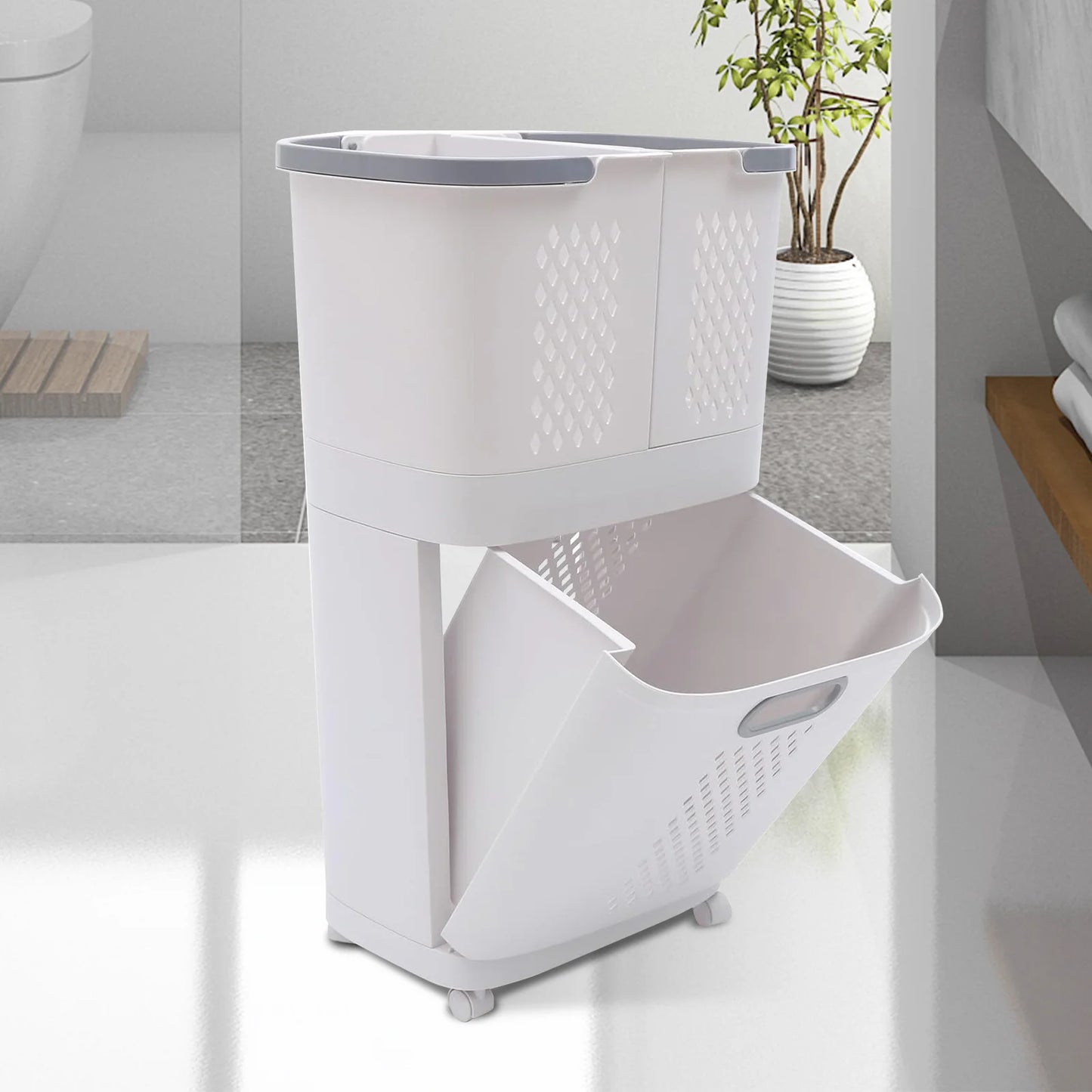 Removable Household Laundry Basket with Wheels 2 Tier Rolling Hamper Eco-Friendly Classic Style
