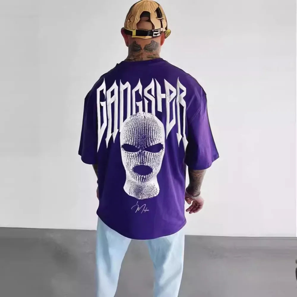 High Quality American High Street Masked Person Printed T-Shirt for Men Oversized Loose Harajuku Short Sleeve Tops
