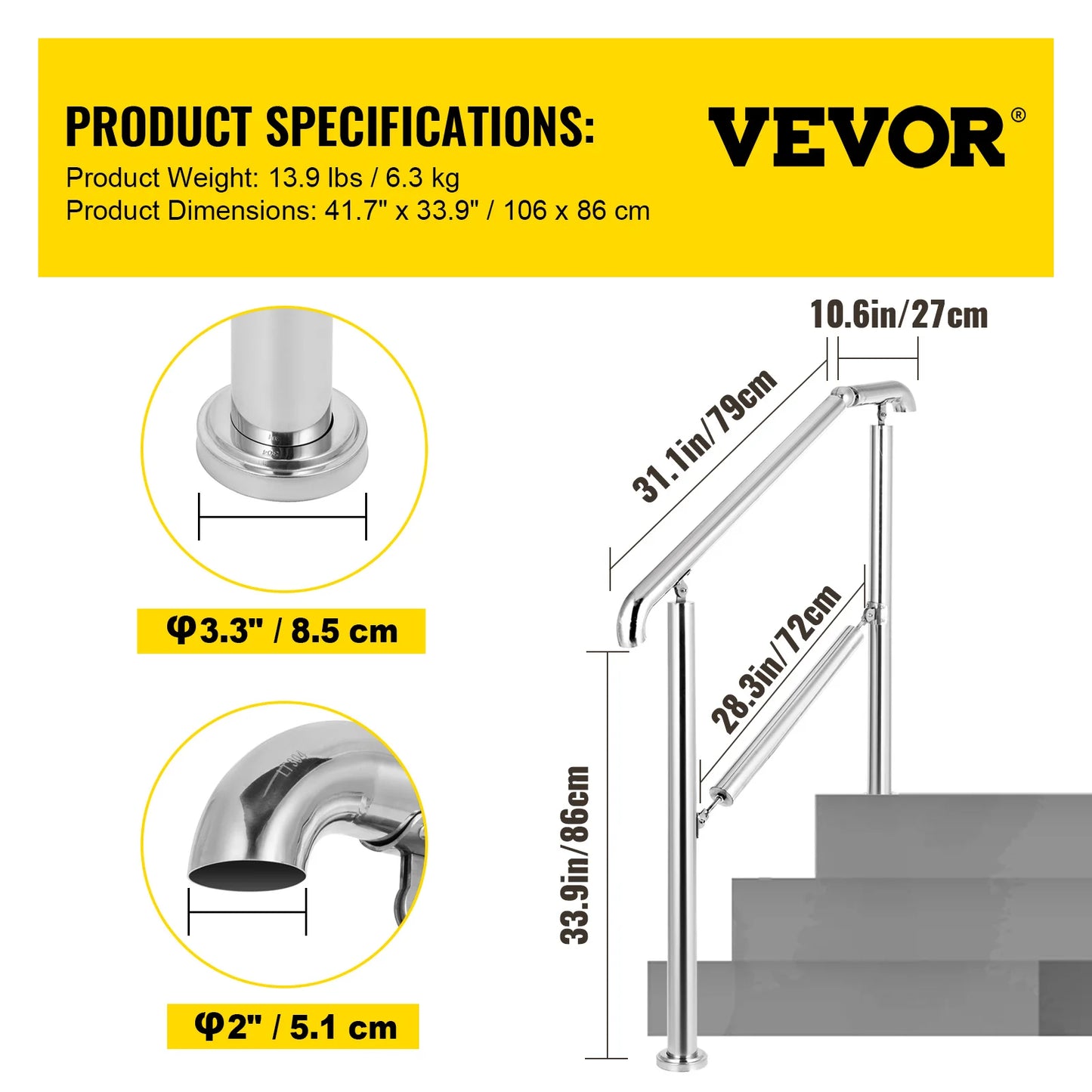 VEVOR Stainless Steel Adjustable Stair Railing for 3 to 5 Steps Level Surface Safety Handrail
