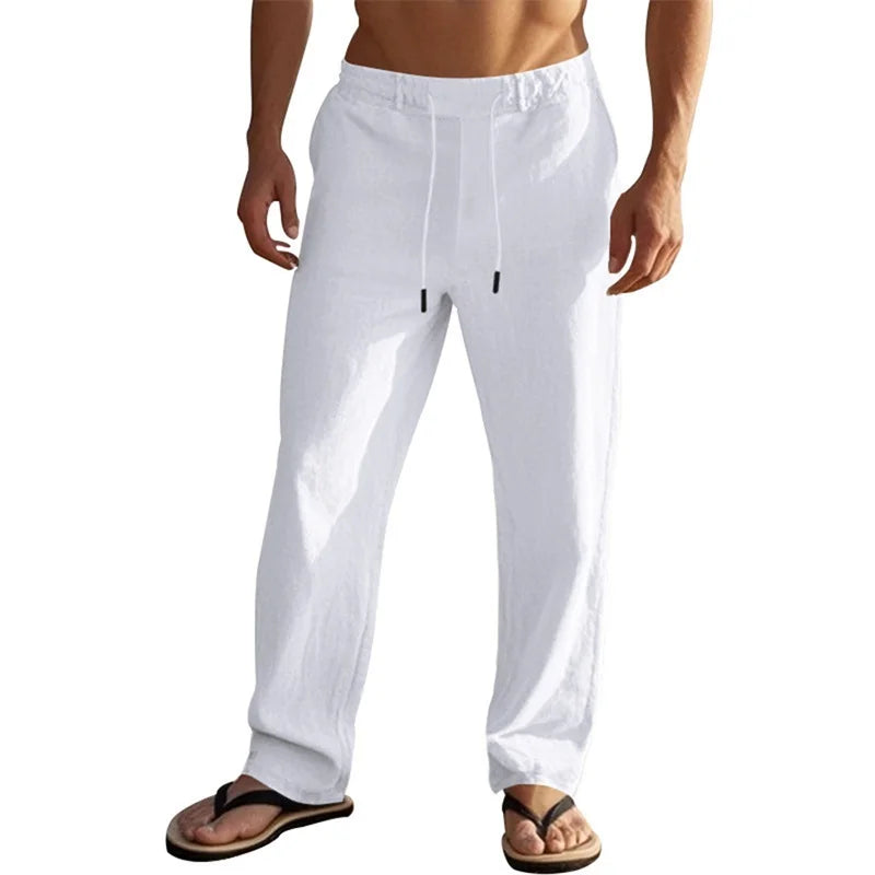 Men's Lightweight Drawstring Linen Pants with Pockets Comfortable Straight Leg Casual Trousers for Summer Beach Wear