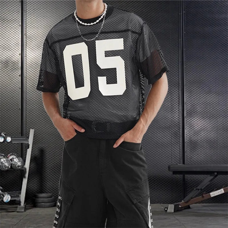 Men's Breathable Mesh Shirt with Bold Number Print Sheer Short Sleeves and Round Neckline for Casual Streetwear