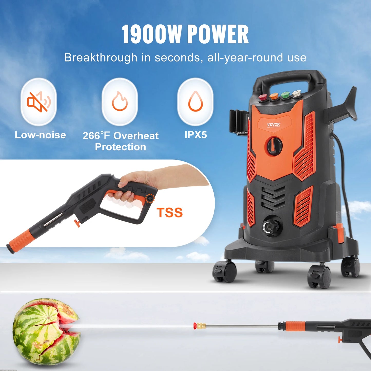 VEVOR Electric Pressure Washer Power Washer with Quick Connect Nozzles Foam Cannon and Retractable Handle for Portable Patio Cleaning