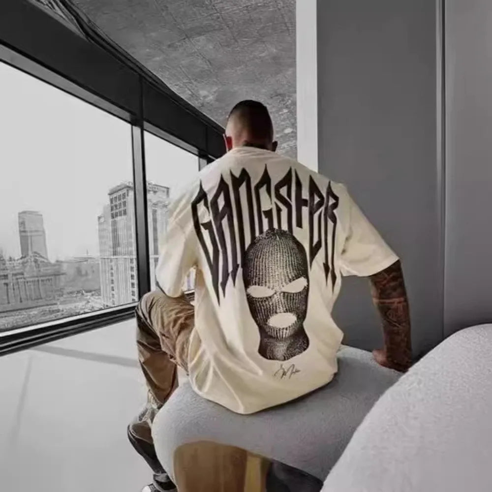 High Quality American High Street Masked Person Printed T-Shirt for Men Oversized Loose Harajuku Short Sleeve Tops