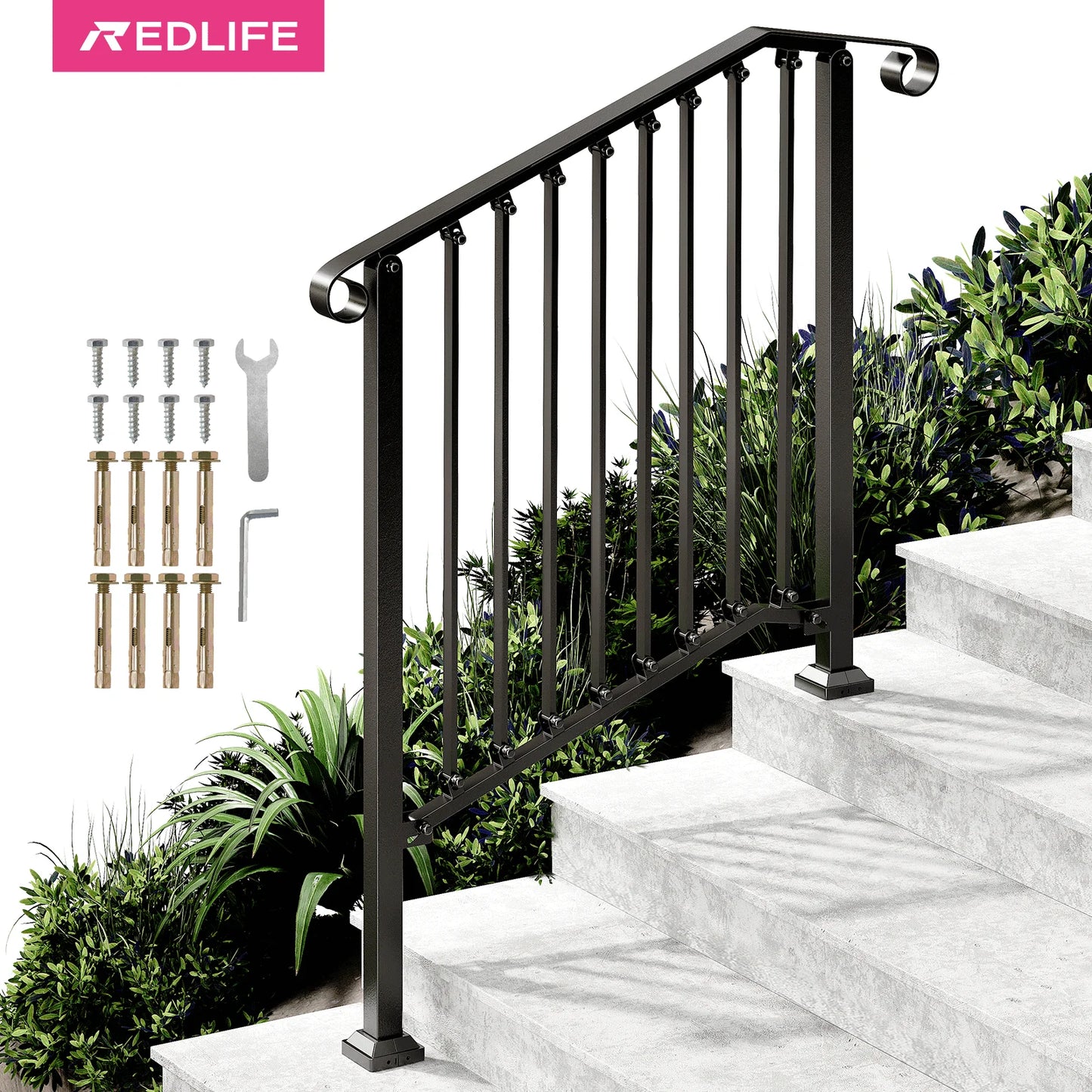Redlife Handrails for Outdoor Steps Fit 2 to 4 Steps Wrought Iron Stair Railing for Concrete and Wooden Stairs