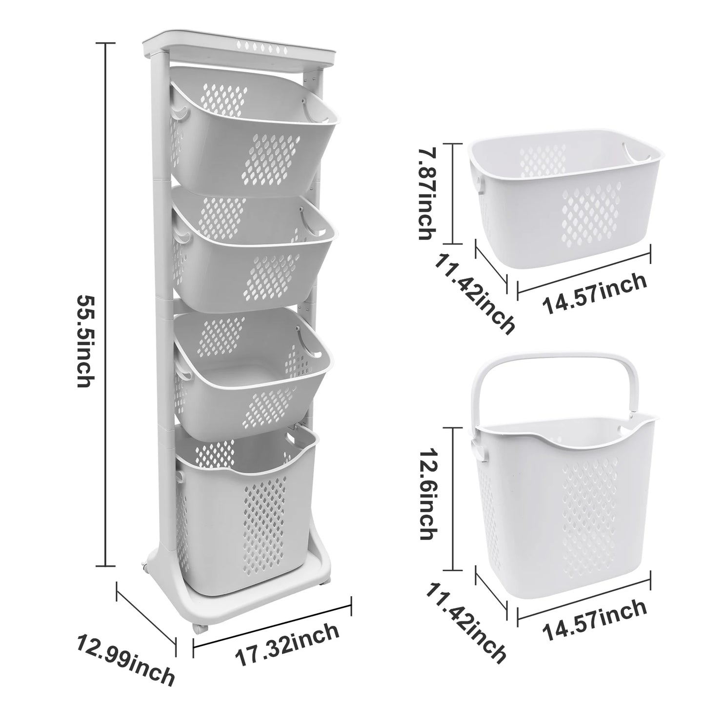2 Tier 4 Tier Laundry Basket Cart Removable Storage Buckets Plastic Hamper with 4 Wheels White