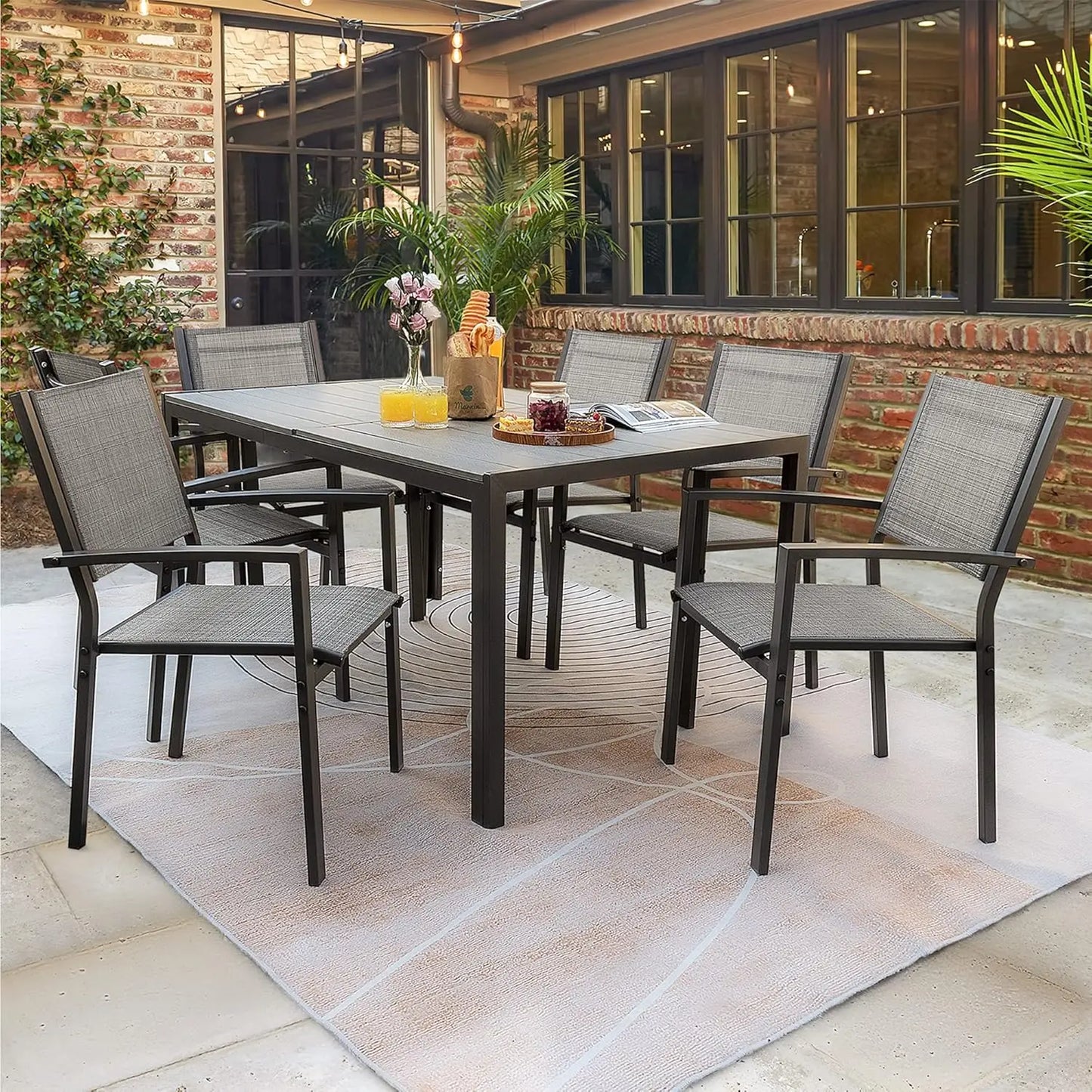 7 Piece Patio Dining Set Outdoor Furniture with Weather Resistant Table and 6 Stackable Textilene Chairs for Garden