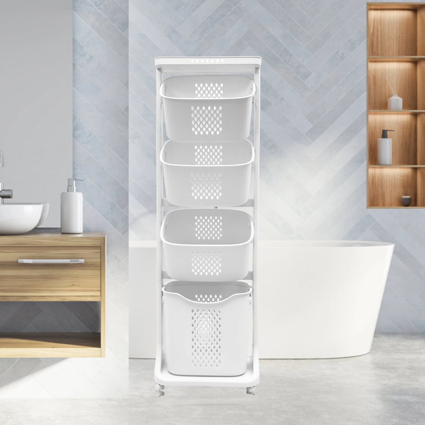 2 Tier 4 Tier Laundry Basket Cart Removable Storage Buckets Plastic Hamper with 4 Wheels White