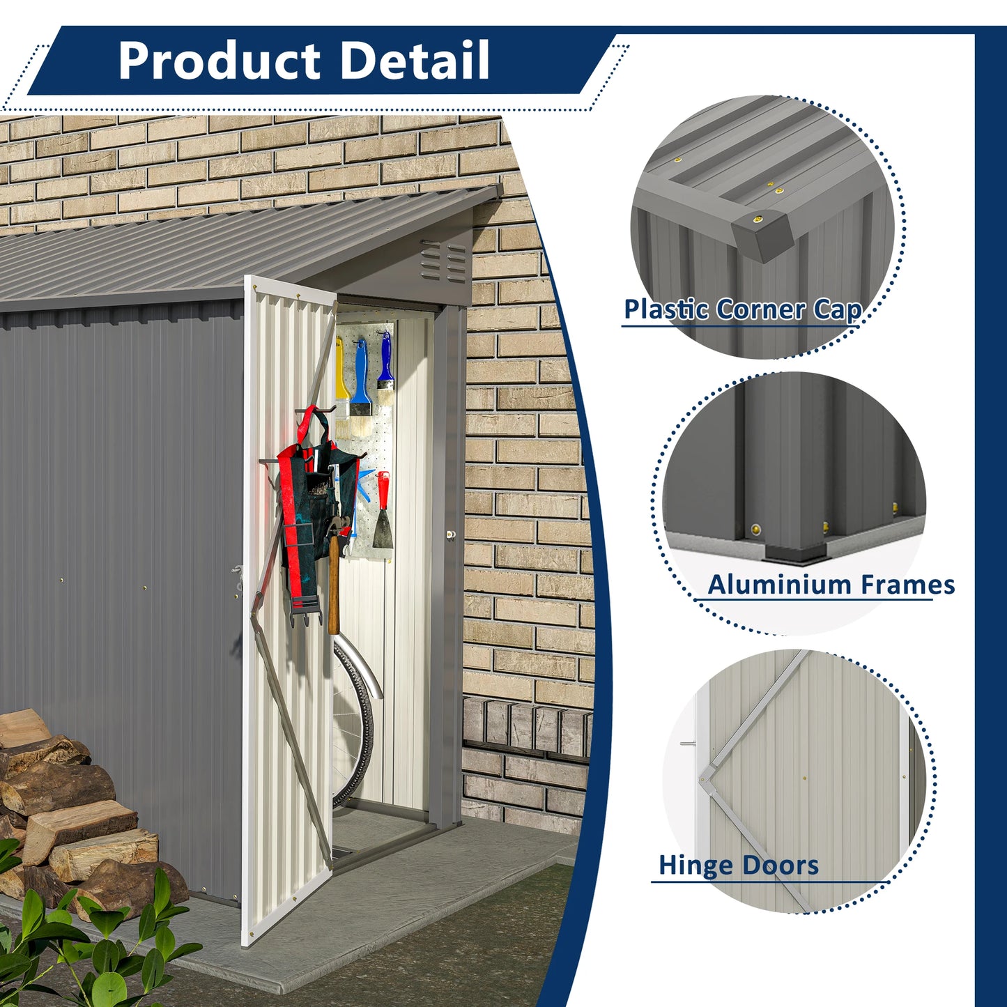 LZBEITEM 4 Foot x 8 Foot Metal Wall Side Storage Shed Outdoor Garden Storage Cabinet Grey
