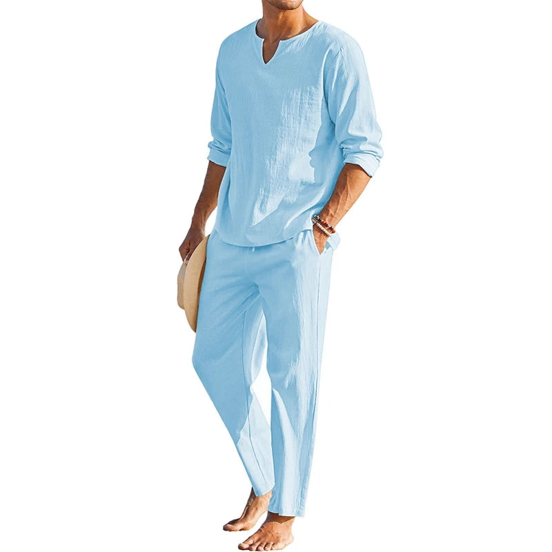Men's Summer Cotton Linen Solid Color Long Sleeve Henley Shirt and Elastic Waist Drawstring Pants Two Piece Loungewear Set