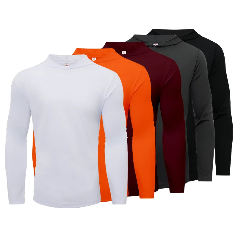 Men's Five Piece Sports Long Sleeved Hooded T-Shirt Breathable Solid Color Fitness Shirt for Running and Training