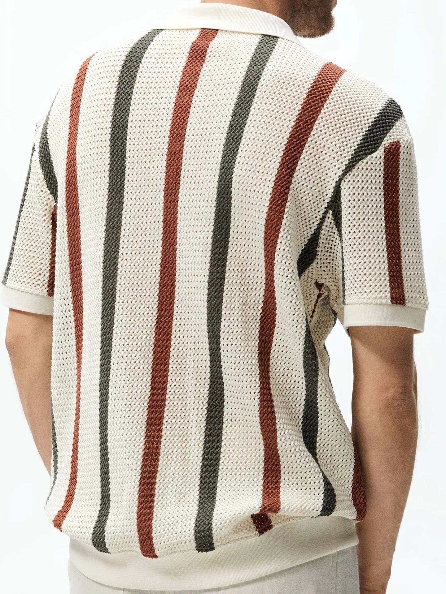 Men's Summer Chunky Knit Short Sleeve Polo Shirt With Stripes And Contrast Colors Casual Wear For Daily Outings