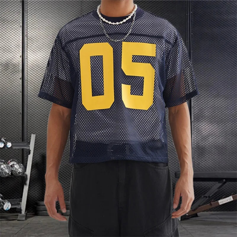 Men's Breathable Mesh Shirt with Bold Number Print Sheer Short Sleeves and Round Neckline for Casual Streetwear
