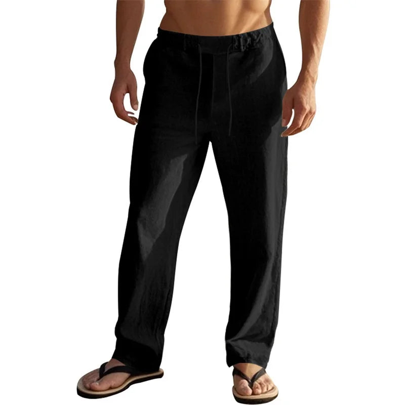 Men's Lightweight Drawstring Linen Pants with Pockets Comfortable Straight Leg Casual Trousers for Summer Beach Wear