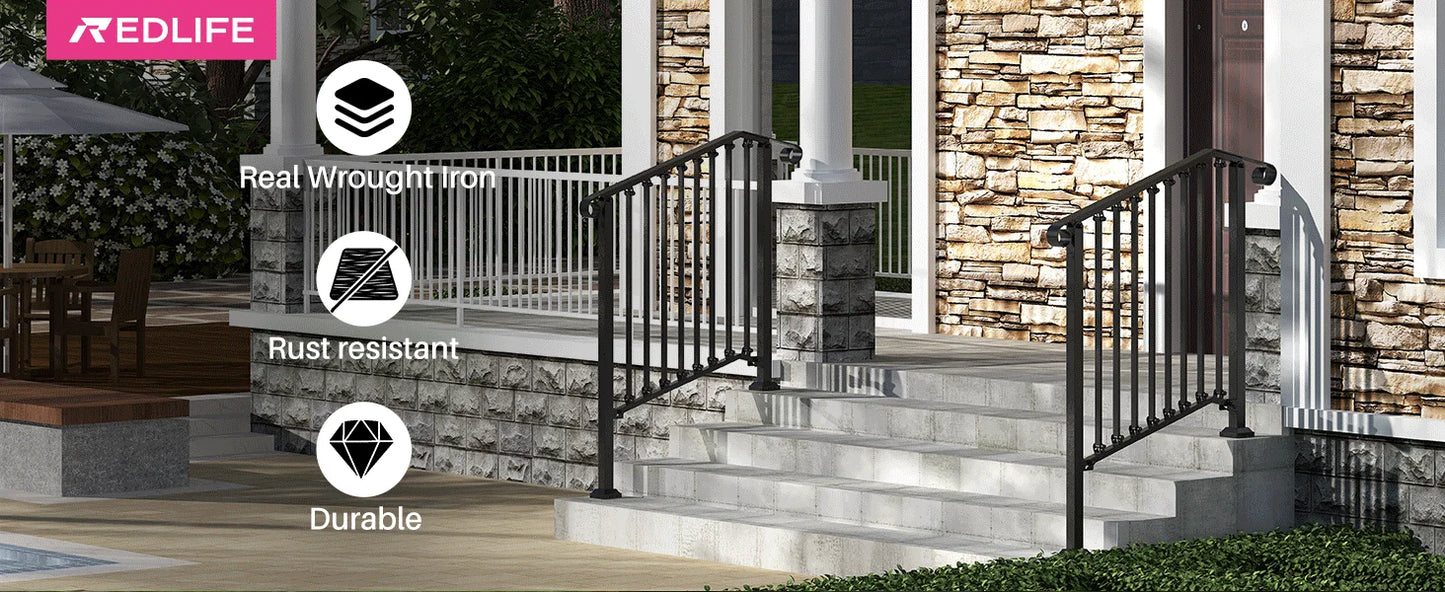 Redlife Handrails for Outdoor Steps Fit 2 to 4 Steps Wrought Iron Stair Railing for Concrete and Wooden Stairs
