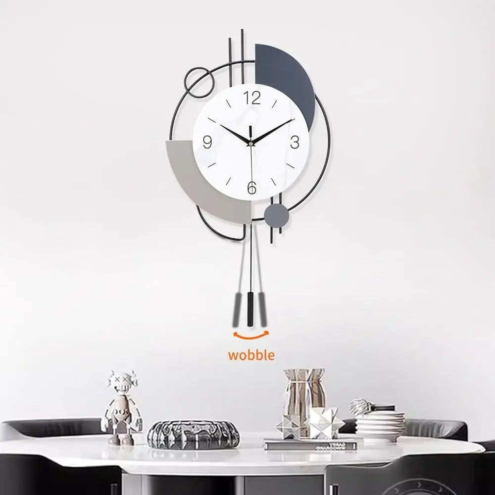 Silent Quartz Wall Clock with Pendulum Decorative Metal Clock Stylish Art Deco Design Battery Operated for Living Room and Bedroom