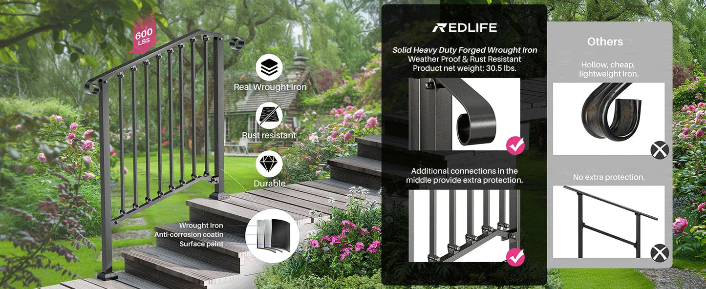 Redlife Handrails for Outdoor Steps Fit 2 to 4 Steps Wrought Iron Stair Railing for Concrete and Wooden Stairs
