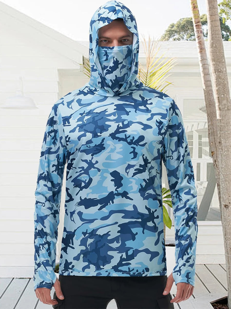 Men's Camo Print Fishing Hoodie with Built-in Face Mask for Sun Protection and Outdoor Activities