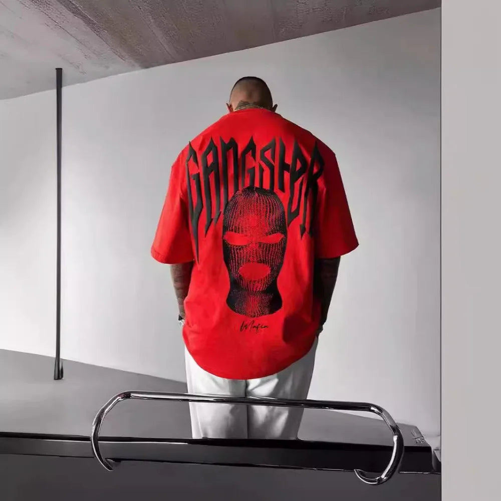 High Quality American High Street Masked Person Printed T-Shirt for Men Oversized Loose Harajuku Short Sleeve Tops