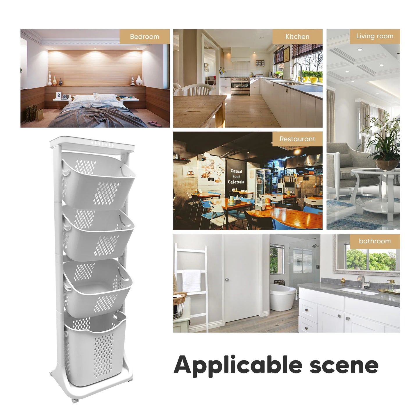 2 Tier 4 Tier Laundry Basket Cart Removable Storage Buckets Plastic Hamper with 4 Wheels White