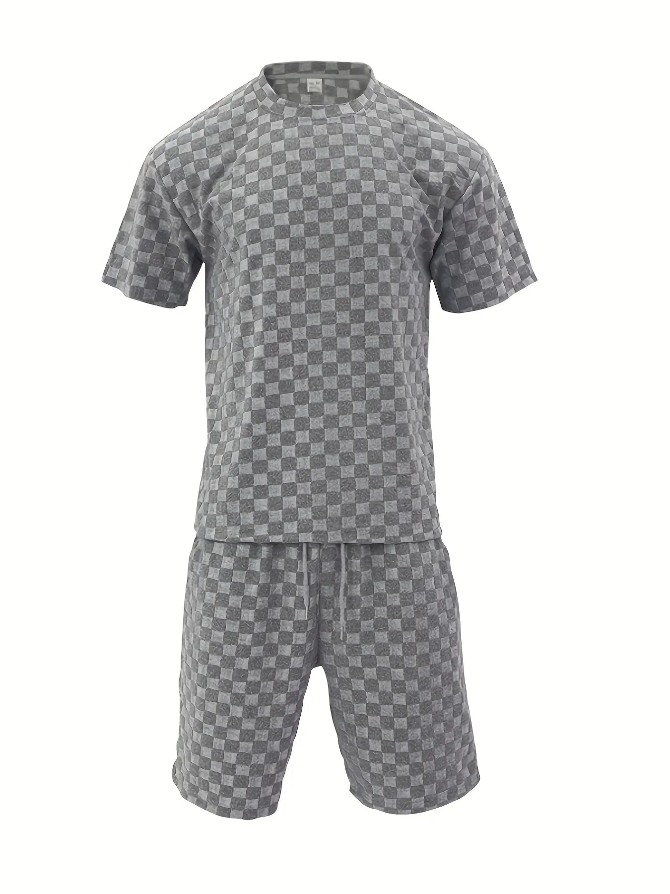 Men's Summer Jacquard Plaid Short Sleeve T-Shirt and Loose Straight Leg Casual Shorts Set