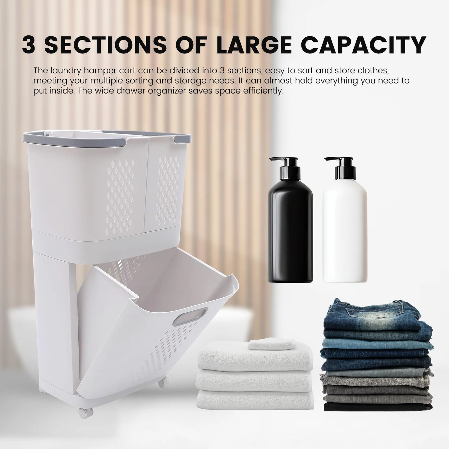 Removable Household Laundry Basket with Wheels 2 Tier Rolling Hamper Eco-Friendly Classic Style