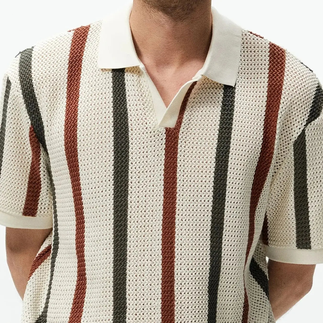 Men's Summer Chunky Knit Short Sleeve Polo Shirt With Stripes And Contrast Colors Casual Wear For Daily Outings