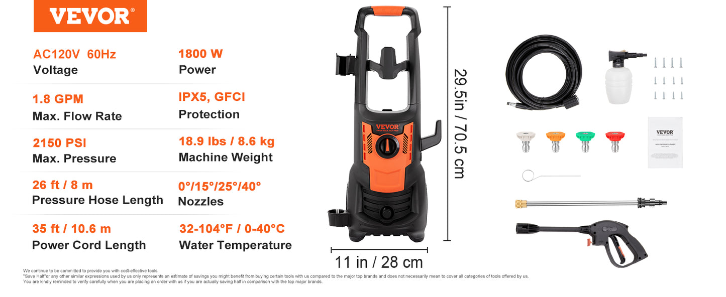 VEVOR Electric Pressure Washer Power Washer with Quick Connect Nozzles Foam Cannon and Retractable Handle for Portable Patio Cleaning