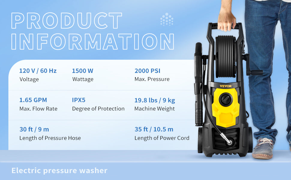 VEVOR Electric Pressure Washer Power Washer with Quick Connect Nozzles Foam Cannon and Retractable Handle for Portable Patio Cleaning