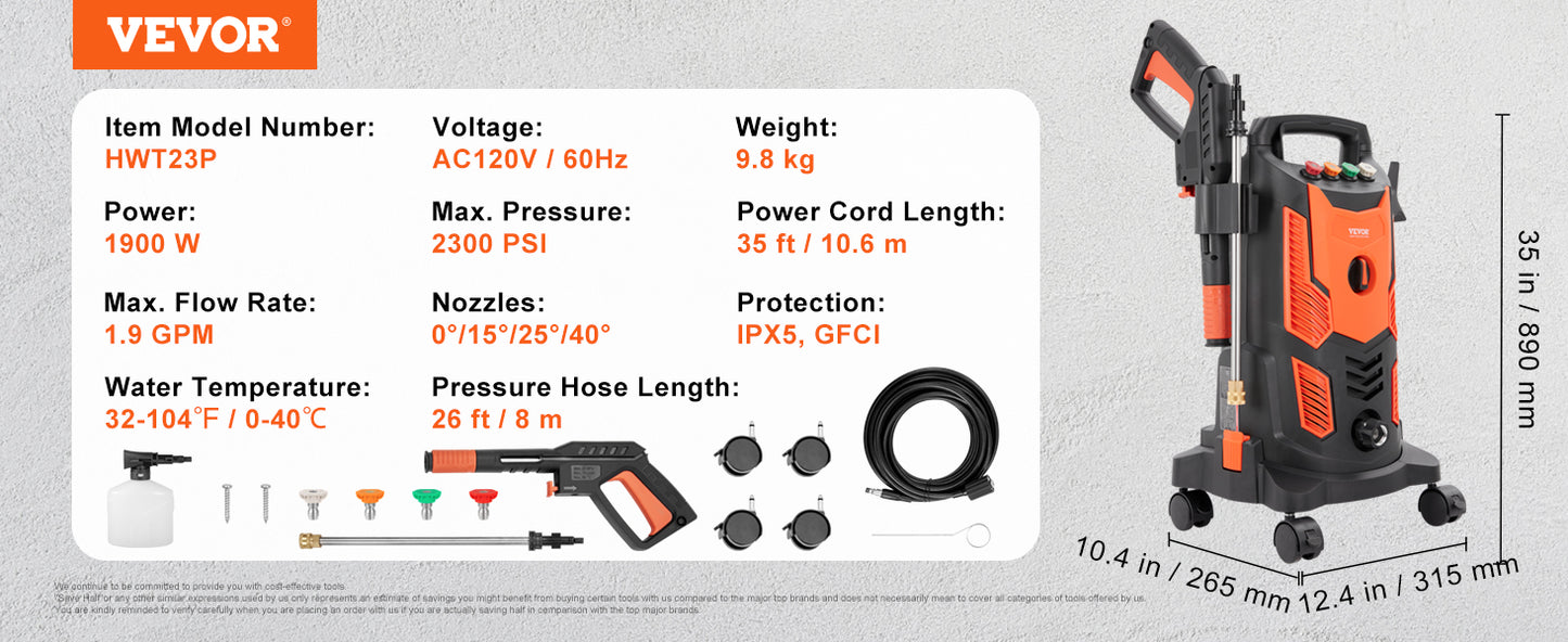 VEVOR Electric Pressure Washer Power Washer with Quick Connect Nozzles Foam Cannon and Retractable Handle for Portable Patio Cleaning