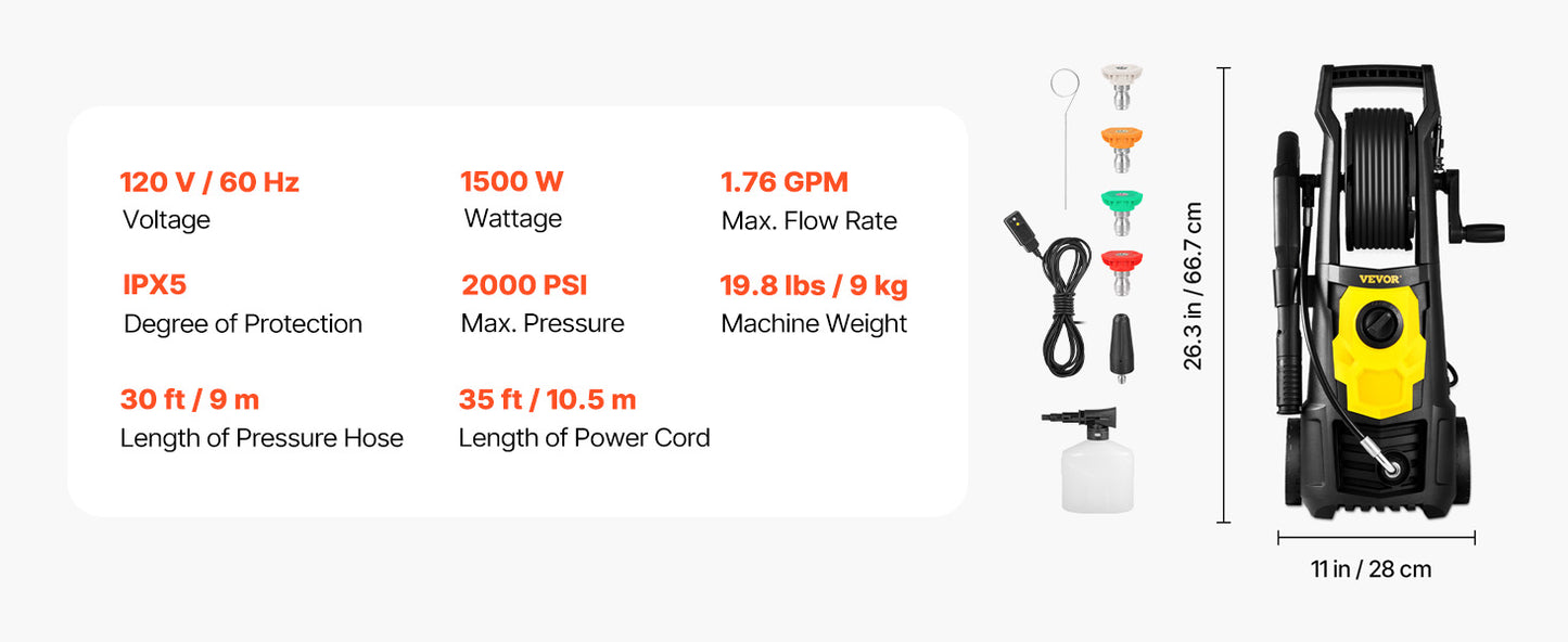 VEVOR Electric Pressure Washer Power Washer with Quick Connect Nozzles Foam Cannon and Retractable Handle for Portable Patio Cleaning