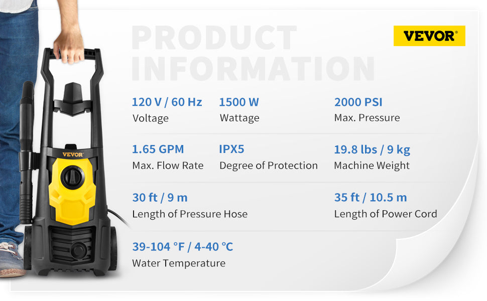 VEVOR Electric Pressure Washer Power Washer with Quick Connect Nozzles Foam Cannon and Retractable Handle for Portable Patio Cleaning