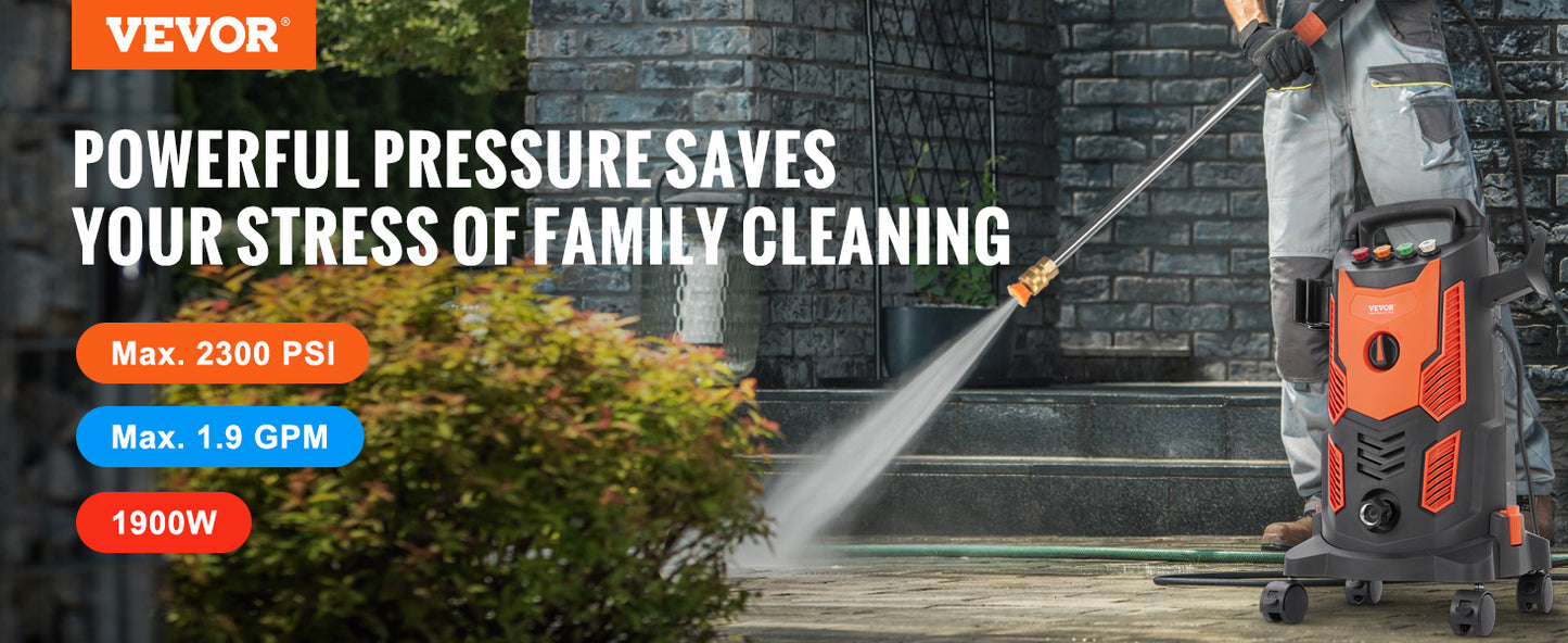 VEVOR Electric Pressure Washer Power Washer with Quick Connect Nozzles Foam Cannon and Retractable Handle for Portable Patio Cleaning