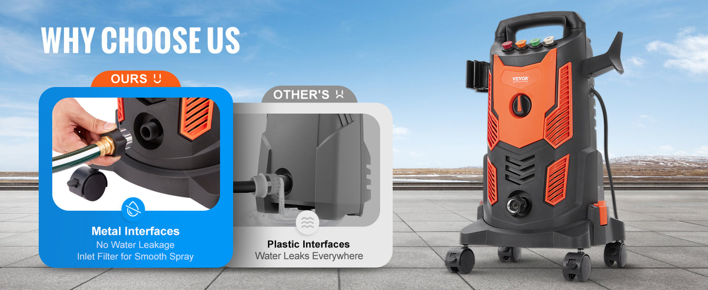 VEVOR Electric Pressure Washer Power Washer with Quick Connect Nozzles Foam Cannon and Retractable Handle for Portable Patio Cleaning