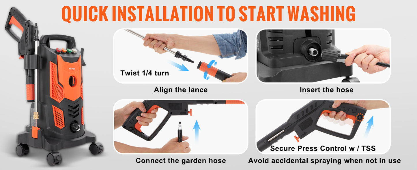 VEVOR Electric Pressure Washer Power Washer with Quick Connect Nozzles Foam Cannon and Retractable Handle for Portable Patio Cleaning