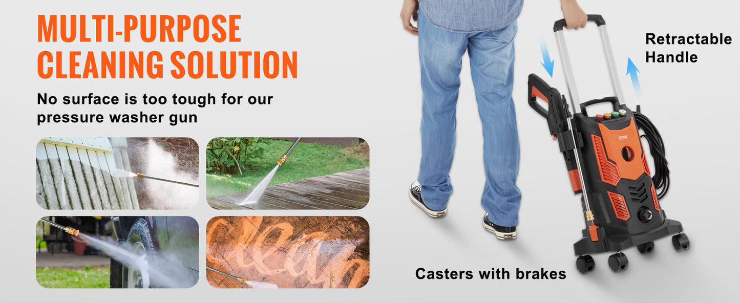 VEVOR Electric Pressure Washer Power Washer with Quick Connect Nozzles Foam Cannon and Retractable Handle for Portable Patio Cleaning