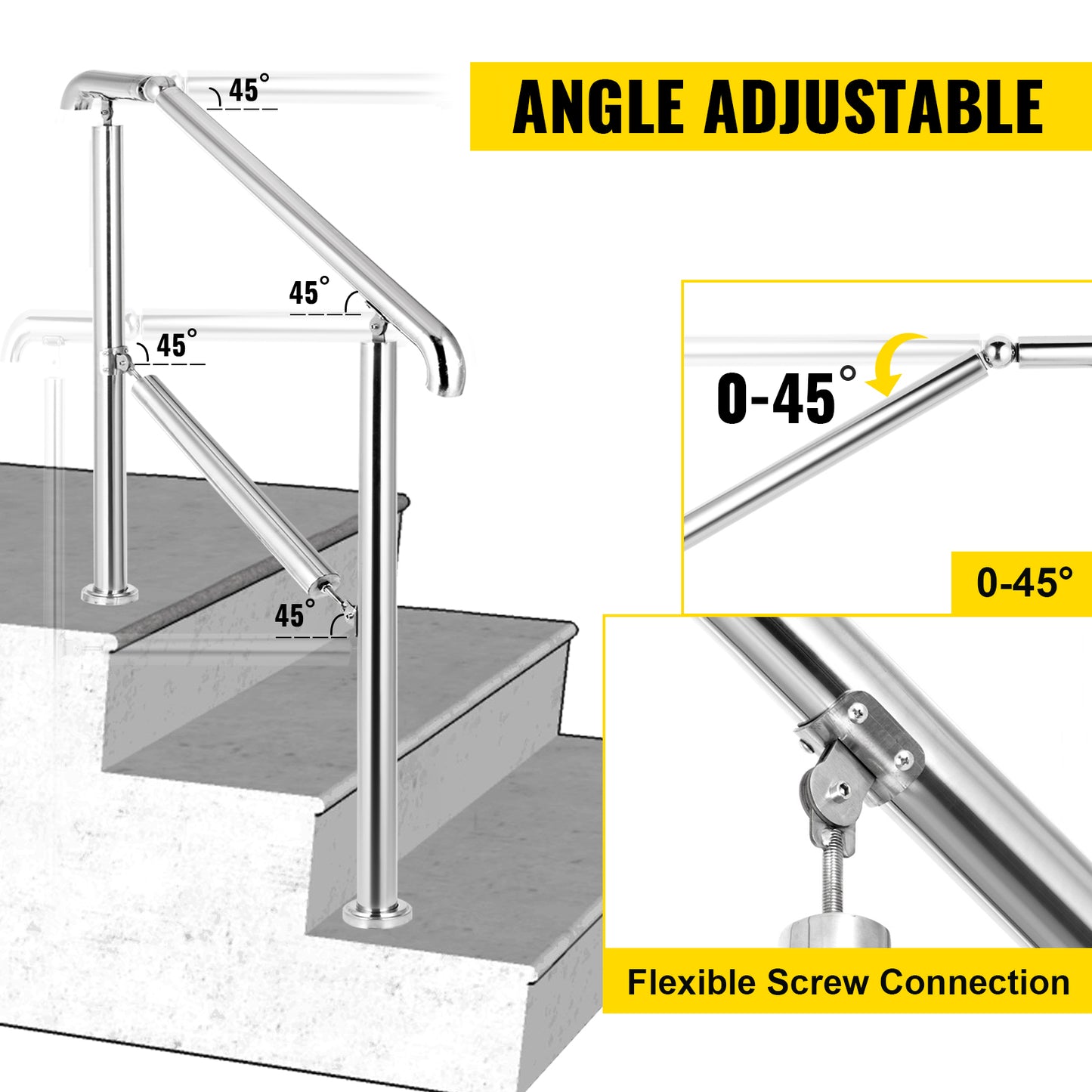VEVOR Stainless Steel Adjustable Stair Railing for 3 to 5 Steps Level Surface Safety Handrail