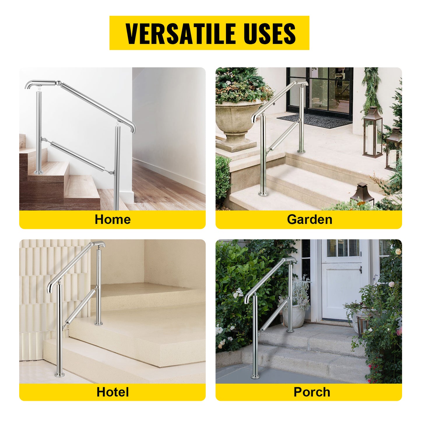 VEVOR Stainless Steel Adjustable Stair Railing for 3 to 5 Steps Level Surface Safety Handrail