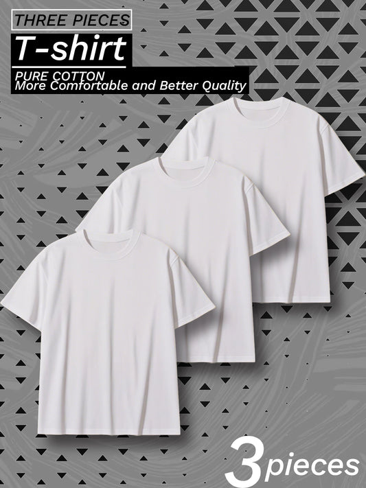 3 Piece White Cotton Short Sleeve Men's T Shirts for Everyday Wear and Gym Use