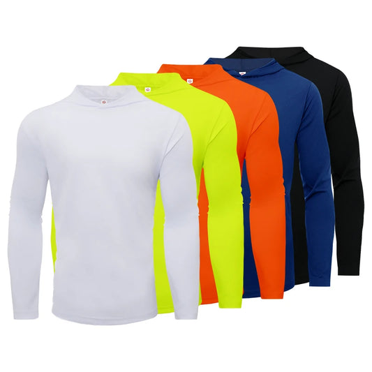 Men's Five Piece Sports Long Sleeved Hooded T-Shirt Breathable Solid Color Fitness Shirt for Running and Training