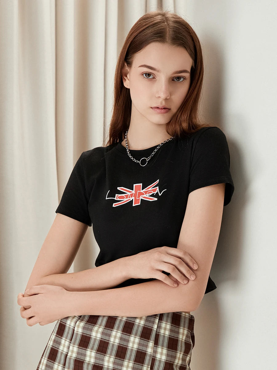 Women’s Crop Tops Round Neck Short Sleeve Letter Print Graphic T-Shirt for Summer