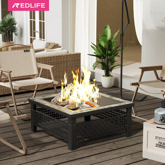 30 Inch Square Fire Pit Outdoor Fireplace Table with Mesh Lid and Fire Poker 3 in 1 Multipurpose Firepit for Yard Garden and Patio